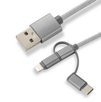 CoreParts punottu USB-C/Micro USB/Lightning -kaapeli, 1 m, harmaa, MOBX-ACC-003