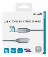 DELTACO USB-C SuperSpeed -kaapeli, 1 m, hopea