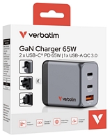 Verbatim GNC-65 GaN verkkovirtalaturi 2 x USB-C, 1 x USB-A (65W)